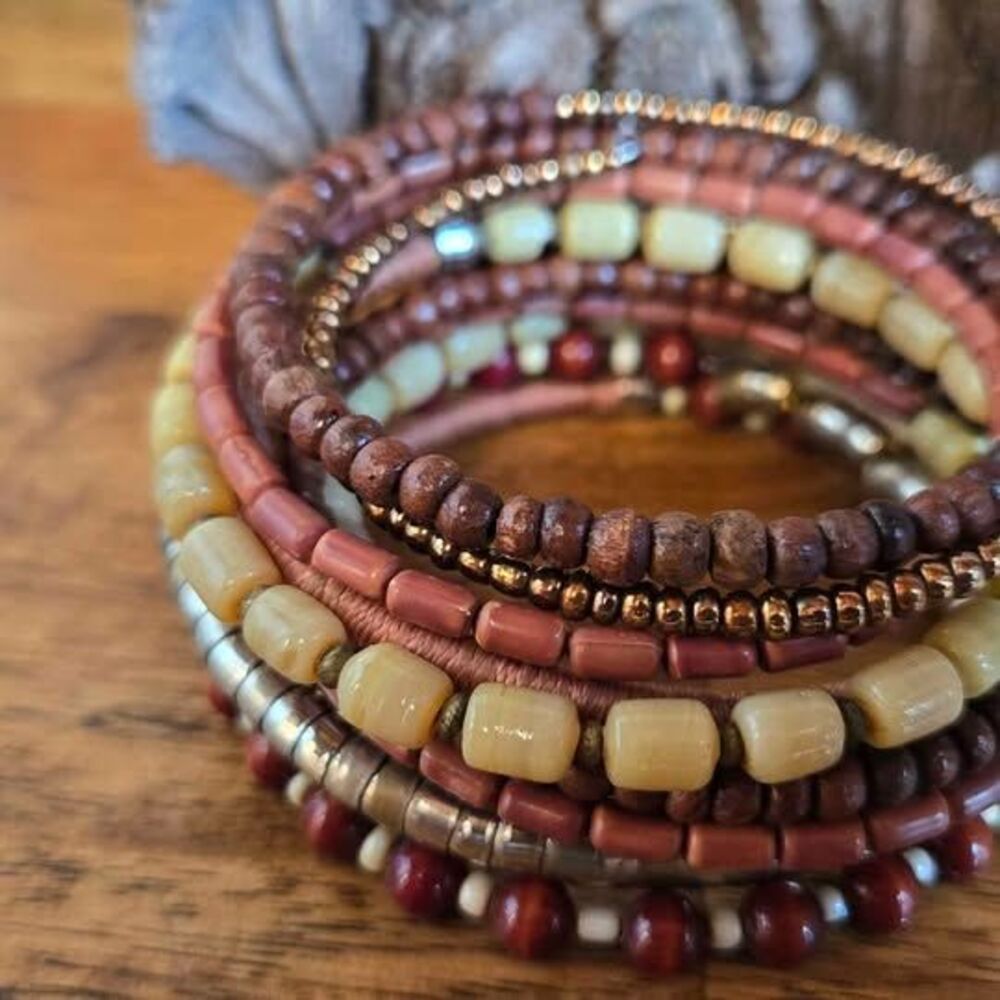 Multi Strand Stretch Bracelet Earth Tone Beaded Layered Wrap Fashion Bracelet